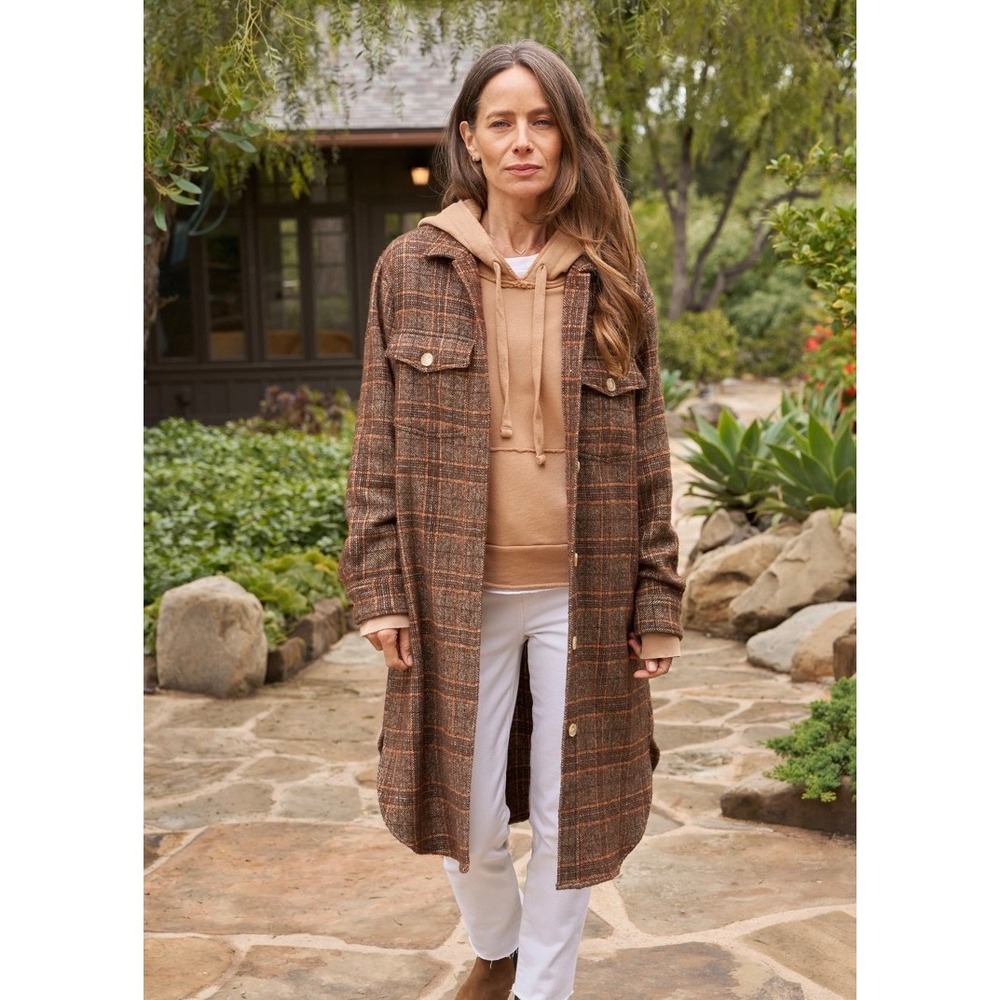 Frank & Eileen GAVIN Plaid Boucle Wool Blend Shirt Jacket Brown Orange XL